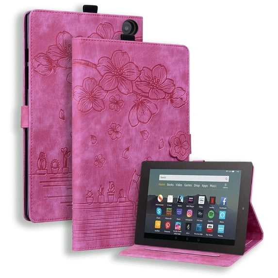 FJLBDE Case for Kindle Fire HD 8 and 8 Plus (12th/10th Gen, 2024/2022/2020) with Stand, Card Slot, Embossed Cat PU Leather Cover, Rose