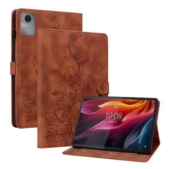 FJLBDE Case for Lenovo Tab Idea 11 / Lenovo Xiaoxin Pad 11 2025, Embossed Flower PU Leather Flip Wallet Folio Stand Cases Cover, Brown