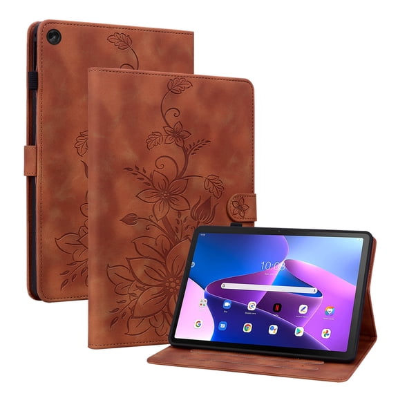 FJLBDE Case for Lenovo Tab M10 FHD Plus 10.3 Inch 2nd Gen 2020 X606F, Embossed Flower PU Leather Flip Wallet Folio Stand Cover with Pencil Holder, Brown