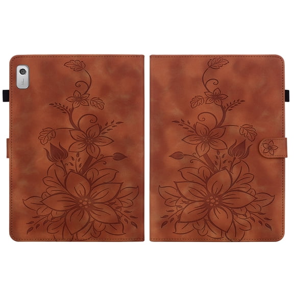 FJLBDE Case for Lenovo Tab M9 9.0 Inch 2023 Released TB-310FU, Embossed Flower PU Leather Flip Wallet Folio Stand Cover, Brown