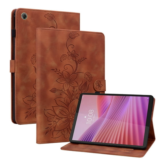 FJLBDE Case for Lenovo Tab One/Tab K9 2025 (TB-305FU) 8.7 inch, Embossed Flower PU Leather Flip Wallet Folio Stand Cases Cover, Brown