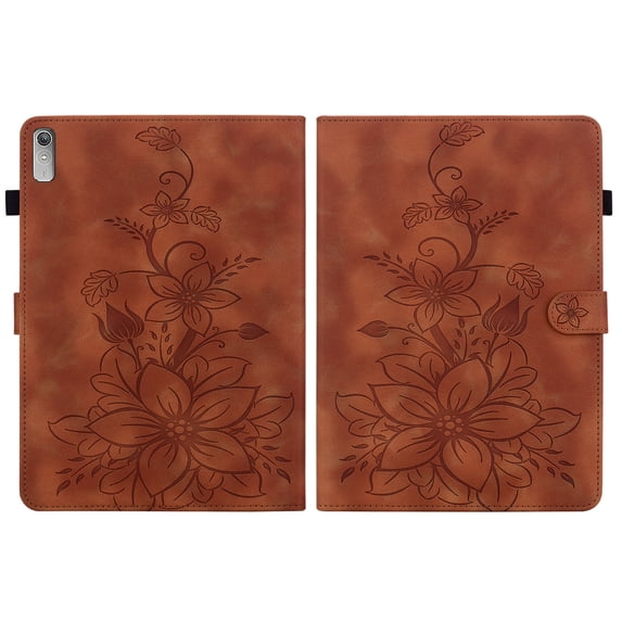 FJLBDE Case for Lenovo Tab P11 2nd Gen/Xiaoxin Pad Plus 2023 11.5 Inch, Embossed Flower PU Leather Flip Wallet Folio Stand Cover, Brown