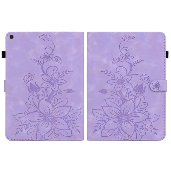 FJLBDE Case for Samsung Galaxy Tab A 10.1 2019 SM-T510 T515 T517, Embossed Flower Leather Flip Wallet Folio Stand Cover, Purple
