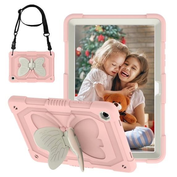 FJLBDE Case for Samsung Galaxy Tab A11 Plus/A9 Plus 11 Inch with Butterfly Stand, Shockproof Protective Tablet Cover with Shoulder Strap for Kids Girls, Beige Pink