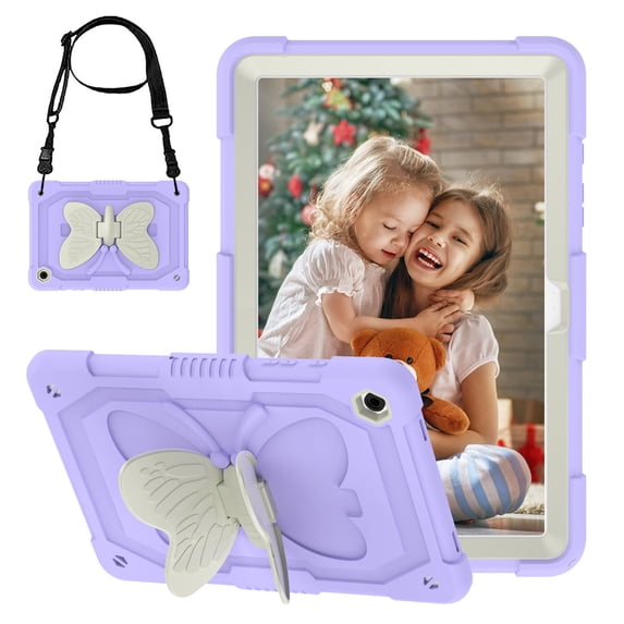 FJLBDE Case for Samsung Galaxy Tab A11 Plus/A9 Plus 11 Inch with Butterfly Stand, Shockproof Protective Tablet Cover with Shoulder Strap for Kids Girls, Beige Purple