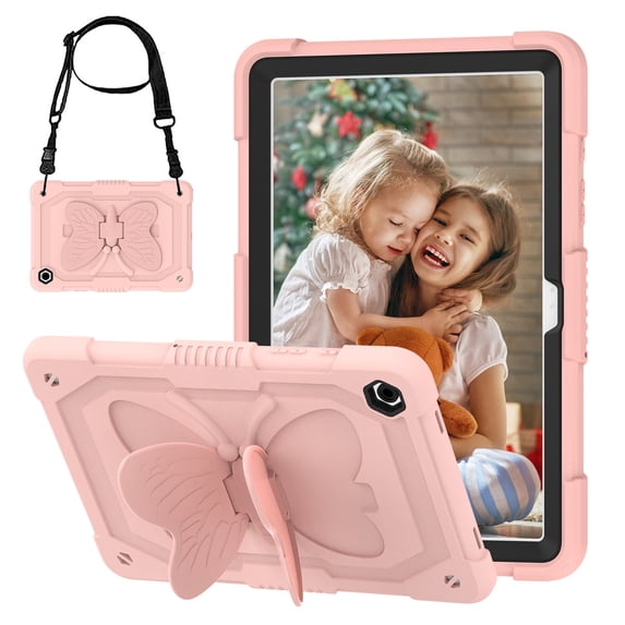FJLBDE Case for Samsung Galaxy Tab A11 Plus/A9 Plus 11 Inch with Butterfly Stand, Shockproof Protective Tablet Cover with Shoulder Strap for Kids Girls, Pink