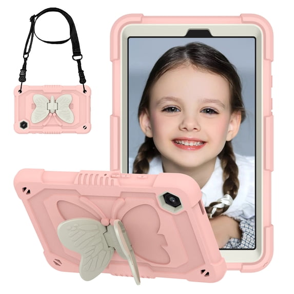 FJLBDE Case for Samsung Galaxy Tab A11 / Tab A9 8.7 Inch 2025/2023 with Butterfly Stand, Shockproof Protective Tablet Cover with Shoulder Strap for Kids Girls, Beige Pink