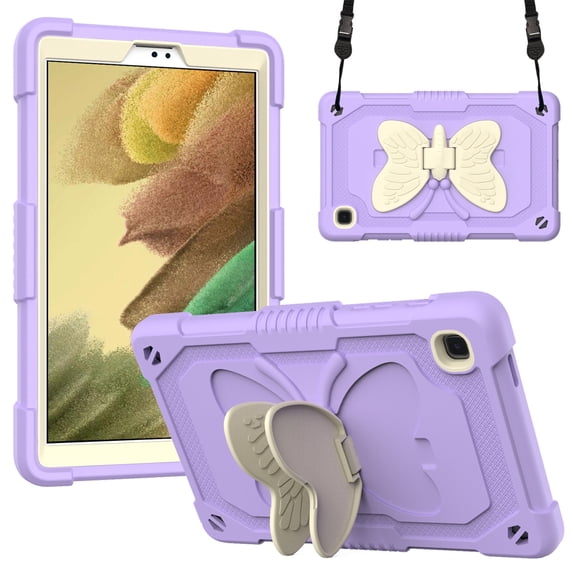 FJLBDE Case for Samsung Galaxy Tab A7 Lite 2021 8.7 inch SM-T220/T225/T227 with Butterfly Stand, Shockproof Protective Tablet Cover with Shoulder Strap for Kids Girls, Beige Purple