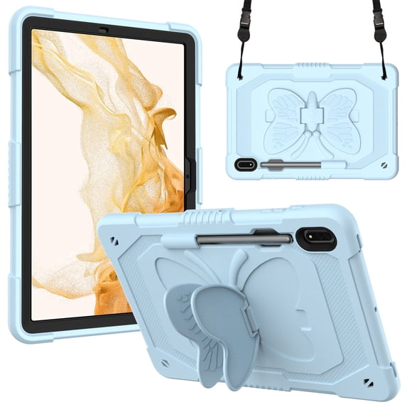 Case for Samsung Galaxy Tab S10 FE/ S9 FE 10.9 inch/S9 11 inch with Butterfly Stand, Shockproof Protective Tablet Cover with Pencil Holder Shoulder Strap for Kids Girls, Blue