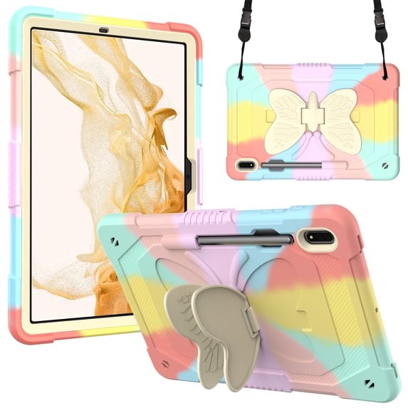 Case for Samsung Galaxy Tab S10 FE/ S9 FE 10.9 inch/S9 11 inch with Butterfly Stand, Shockproof Protective Tablet Cover with Pencil Holder Shoulder Strap for Kids Girls, Colourful RoseGold