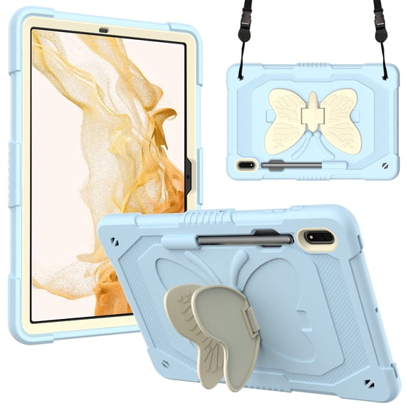 Case for Samsung Galaxy Tab S10 FE/ S9 FE 10.9 inch/S9 11 inch with Butterfly Stand, Shockproof Protective Tablet Cover with Pencil Holder Shoulder Strap for Kids Girls, Beige Blue