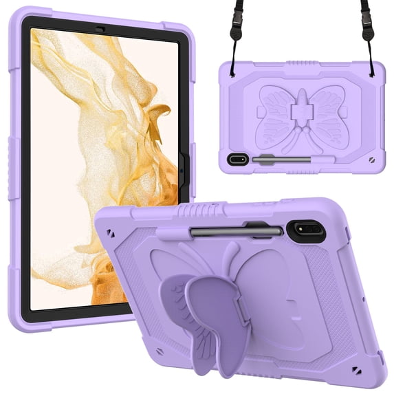 Case for Samsung Galaxy Tab S10 FE/ S9 FE 10.9 inch/S9 11 inch with Butterfly Stand, Shockproof Protective Tablet Cover with Pencil Holder Shoulder Strap for Kids Girls, Purple