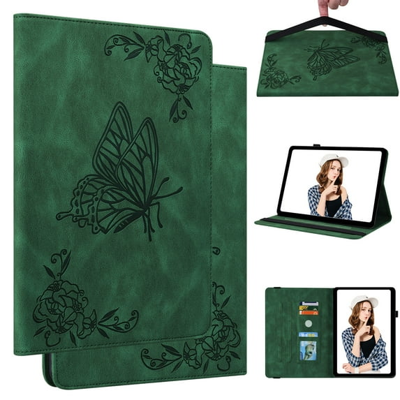 FJLBDE Case for Samsung Galaxy Tab S10 FE/ S9 FE/Tab S9 11 Inch, Embossed Butterfly PU Leather Flip Wallet Cases Folio Pencil Holder Stand Cover, Green