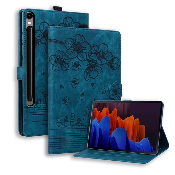 FJLBDE Case for Samsung Galaxy Tab S10 Lite / S10 FE / S9 FE 10.9-Inch with Stand, Card Slot, Embossed Flower PU Leather Folio Magnetic Cover with Pen Holder, Blue