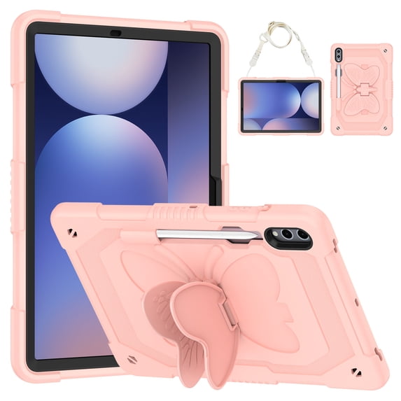 Case for Samsung Galaxy Tab S10 Plus/ S9 FE Plus/ S9 Plus 12.4 inch with Butterfly Stand, Shockproof Protective Tablet Cover with Pencil Holder Shoulder Strap for Kids Girls, Pink
