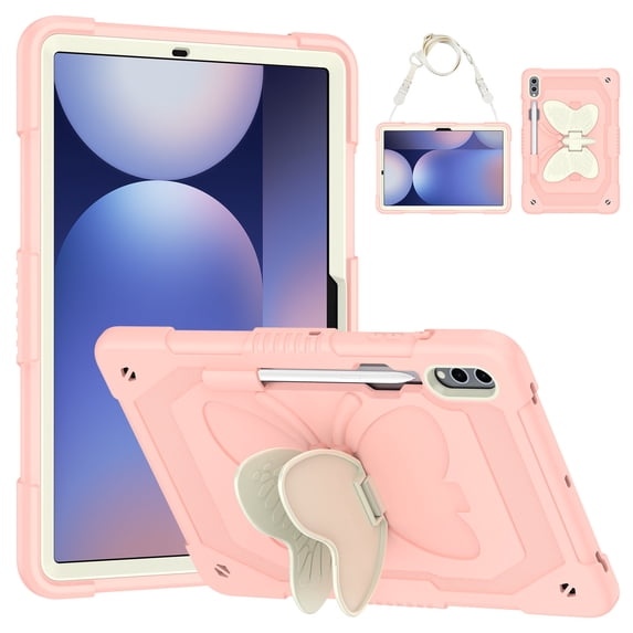 Case for Samsung Galaxy Tab S10 Plus/ S9 FE Plus/ S9 Plus 12.4 inch with Butterfly Stand, Shockproof Protective Tablet Cover with Pencil Holder Shoulder Strap for Kids Girls, Beige Pink