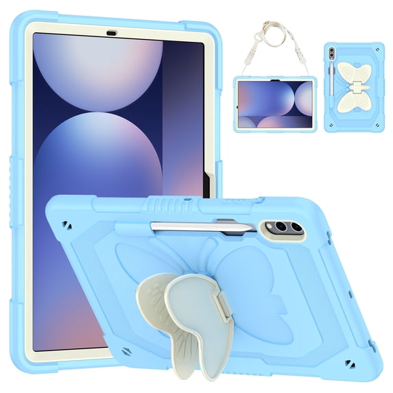Case for Samsung Galaxy Tab S10 Plus/ S9 FE Plus/ S9 Plus 12.4 inch with Butterfly Stand, Shockproof Protective Tablet Cover with Pencil Holder Shoulder Strap for Kids Girls, Beige Blue