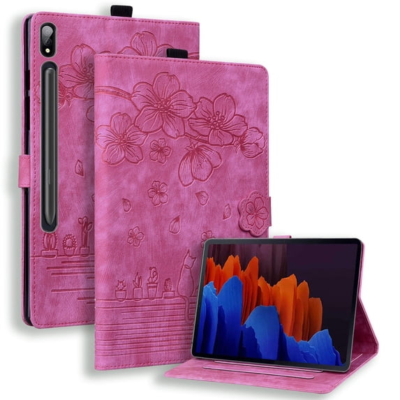 FJLBDE Case for Samsung Galaxy Tab S10 Ultra 2024/ S9 Ultra/ S8 Ultra 14.6 Inch with Stand, Card Slot, Embossed Cat PU Leather Cover, Rose