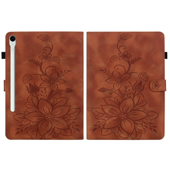 FJLBDE Case for Samsung Galaxy Tab S11 2025 SM-X736B/SM-X730 11 inch, Embossed Flower PU Leather Flip Wallet Folio Stand Cover, Brown