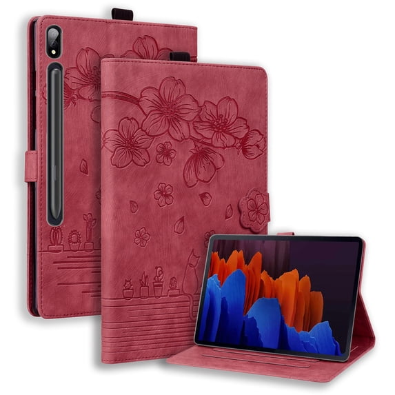 FJLBDE Case for Samsung Galaxy Tab S11 Ultra 14.6 inch 2025 with Stand, Card Slot, Embossed Flower PU Leather Folio Magnetic Cover with Pen Holder, Red