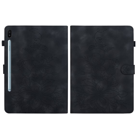 FJLBDE Case for Samsung Galaxy Tab S6 10.5 2019 SM-T860 T865 T867, Embossed Flower Leather Flip Wallet Folio Stand Cover, Black