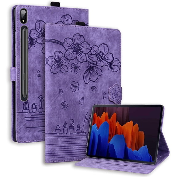 FJLBDE Case for Samsung Galaxy Tab S8 Plus/S7 FE/S7 Plus 12.4-Inch 12.4-Inch with Stand, Card Slot, Auto Wake/Sleep, Embossed Cat PU Leather Cover, Purple