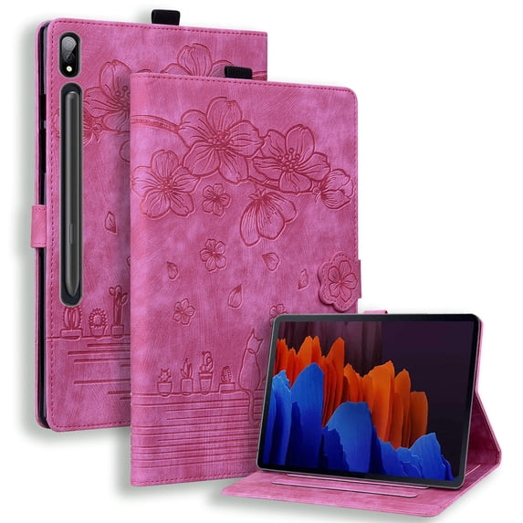 FJLBDE Case for Samsung Galaxy Tab S8 Plus/S7 FE/S7 Plus 12.4-Inch 12.4-Inch with Stand, Card Slot, Auto Wake/Sleep, Embossed Cat PU Leather Cover, Rose