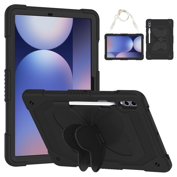 FJLBDE Case for Samsung Galaxy Tab S8 Plus/S7 FE/S7 Plus 12.4 Inch with Butterfly Stand, Heavy Duty Rugged Protective Cover with Pencil Holder Shoulder Strap for Kids Girls, Black