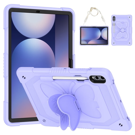 FJLBDE Case for Samsung Galaxy Tab S8 Plus/S7 FE/S7 Plus 12.4 Inch with Butterfly Stand, Shockproof Protective Tablet Cover with Pencil Holder Shoulder Strap for Kids Girls, Purple
