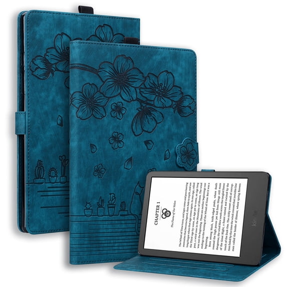 FJLBDE Case for 6 Inch Kindle 2024 and 2022 (11 Gen) with Stand, Card Slot, Auto Wake/Sleep, Embossed Cat PU Leather Cover, Blue