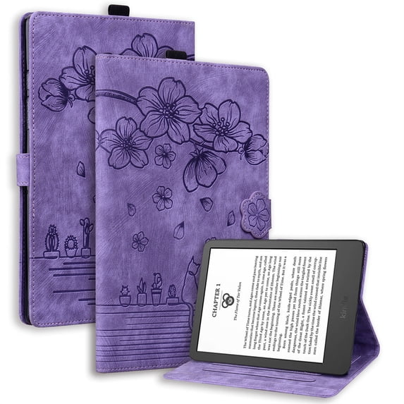 FJLBDE Case for 6 Inch Kindle 2024 and 2022 (11 Gen) with Stand, Card Slot, Auto Wake/Sleep, Embossed Cat PU Leather Cover, Purple