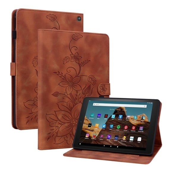 FJLBDE Case for Amazon Fire HD 10 (13th Gen, 2023), Embossed Flower PU Leather Flip Wallet Folio Stand Cover, Brown
