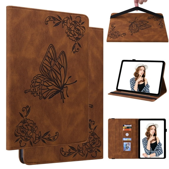 FJLBDE Case for Amazon Fire HD 10 7th/9th Gen, 2017/2019, Embossed Butterfly PU Leather Flip Case Folio Stand Cover, Brown
