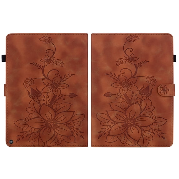 FJLBDE Case for Amazon Fire HD 10 and 10 Plus 11th Gen 2021, Embossed Flower Leather Flip Wallet Folio Stand Cover, Brown