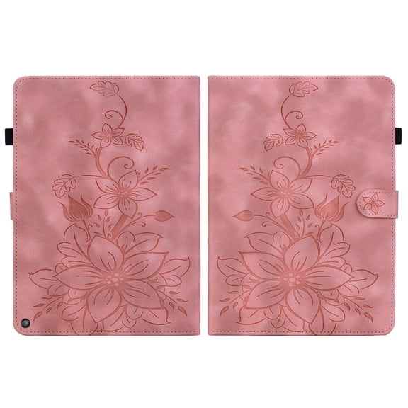 FJLBDE Case for Amazon Fire HD 10 and 10 Plus 11th Gen 2021, Embossed Flower Leather Flip Wallet Folio Stand Cover, Pink