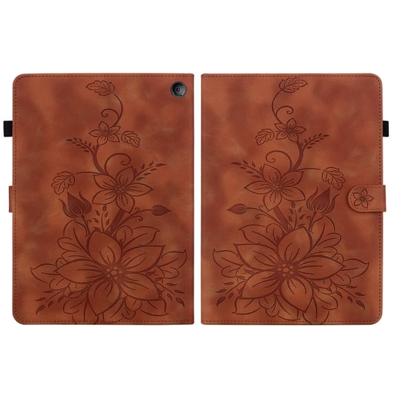 FJLBDE Case for Amazon Kindle Fire 7 (12th Gen, 2022 Release), Embossed Flower PU Leather Flip Wallet Folio Stand Cover, Brown