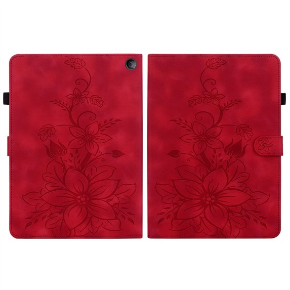 FJLBDE Case for Amazon Kindle Fire 7 (12th Gen, 2022 Release), Embossed Flower PU Leather Flip Wallet Folio Stand Cover, Red