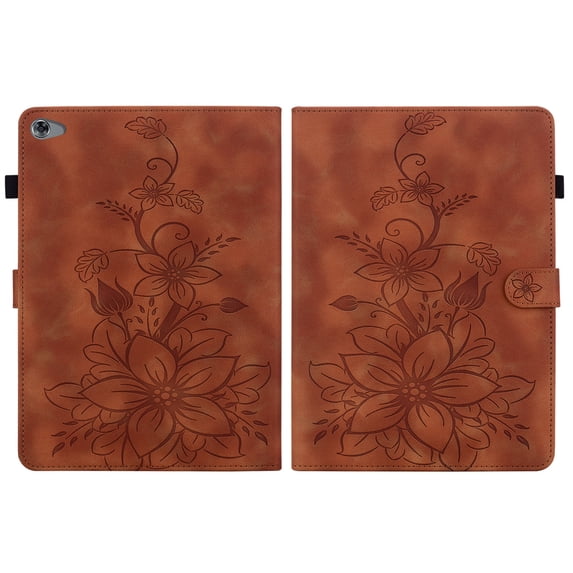Case for MediaPad M5 Lite 10 10.1 inch 2018, Embossed Flower PU Leather Flip Wallet Folio Stand Cover, Brown