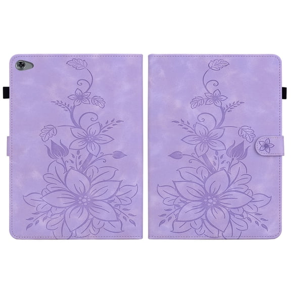 FJLBDE Case for MediaPad M5 Lite 10 10.1 Inch 2018, Embossed Flower PU Leather Flip Wallet Folio Stand Cover, Purple