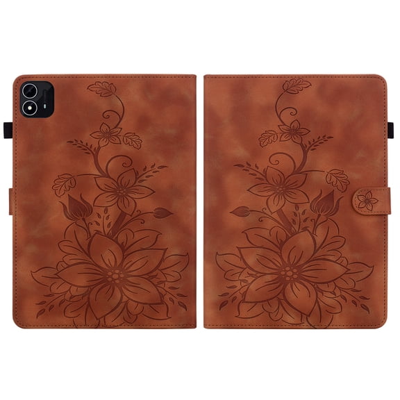 FJLBDE Case for Itel Pad 1 10.1 inch, Embossed Flower PU Leather Flip Wallet Folio Stand Cover, Brown