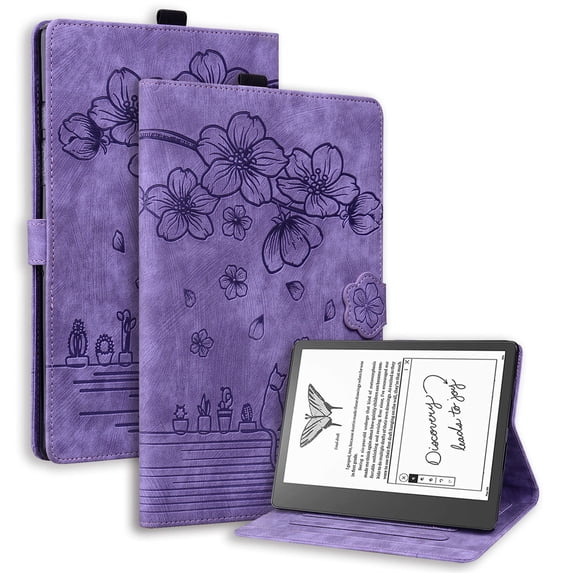 FJLBDE Case for Kindle Scribe 10.2 inch 2022 and 2024 with Stand, Card Slot, Auto Wake/Sleep, Embossed Cat PU Leather Cover, Purple
