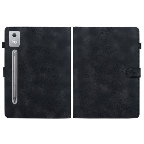 FJLBDE Case for Lenovo Idea Tab Pro 12.7 inch 2025, Embossed Flower PU Leather Flip Wallet Folio Stand Cover, Black