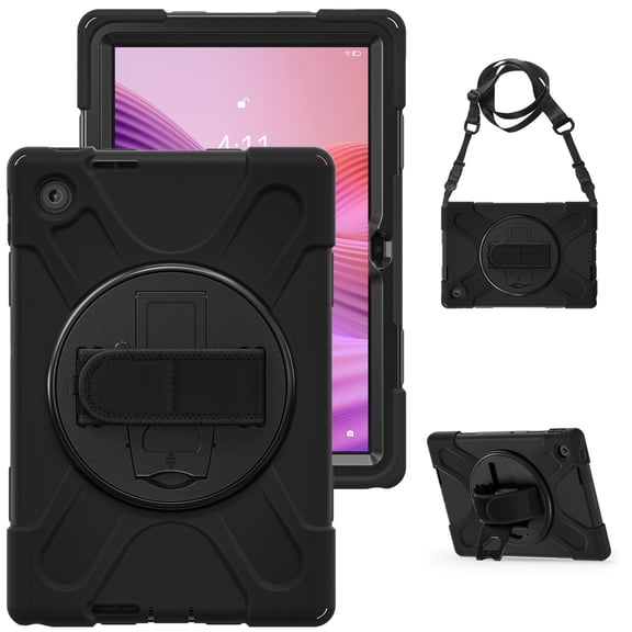 For Lenovo Tab 10.1 inch 2025 TB311FU/TB311XU Case, 360 Hand Strap, Shoulder Strap, Kickstand, Rugged Drop Protection, Black