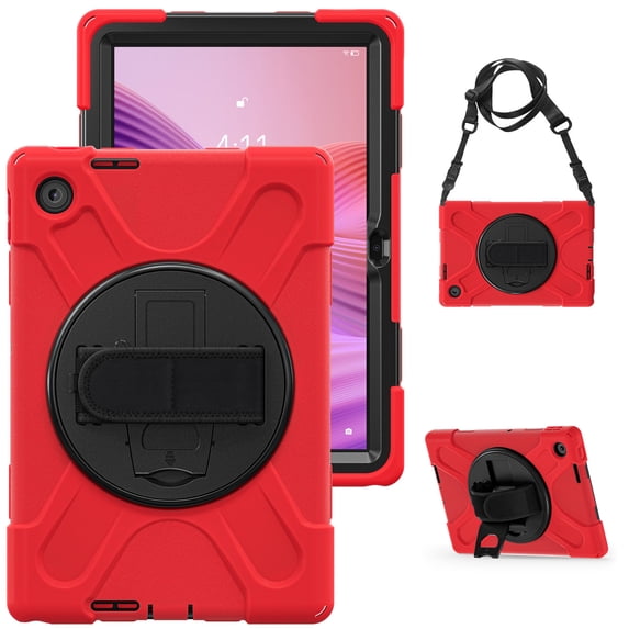 For Lenovo Tab 10.1 inch 2025 TB311FU/TB311XU Case, 360 Hand Strap, Shoulder Strap, Kickstand, Rugged Drop Protection, Red
