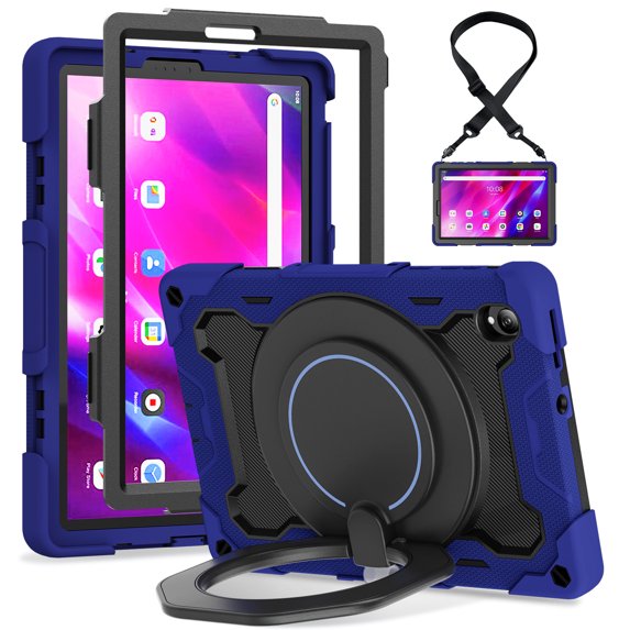 FJLBDE Case for Lenovo Tab K10 / M10 FHD Plus 10.3 inch with 360 Kickstand, Shoulder Strap Carrying Protective Cover, Navy Blue