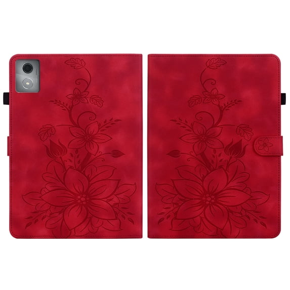 Case for Lenovo Tab K11 Plus 11.45 inch 2024, Embossed Flower PU Leather Flip Wallet Folio Stand Cover, Red
