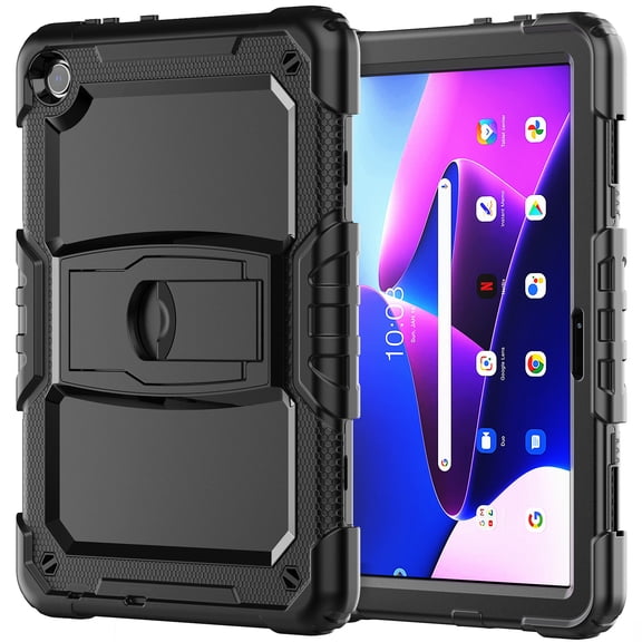 FJLBDE Case for Lenovo Tab M10 3rd Gen 10.1 inch 2022, Rugged Shockproof Tablet Cases Cover with Kickstand Shoulder Strap, Black