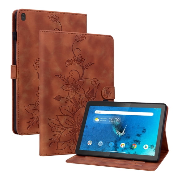 FJLBDE Case for Lenovo Tab M10 HD 10.1 inch TB-X505L/X505F, Embossed Flower PU Leather Flip Wallet Folio Stand Cases Cover, Brown