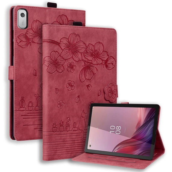 FJLBDE Case for Lenovo Tab M9 9.0 Inch 2023 Released TB-310FU with Stand, Card Slot, Embossed Cat PU Leather Cover, Red