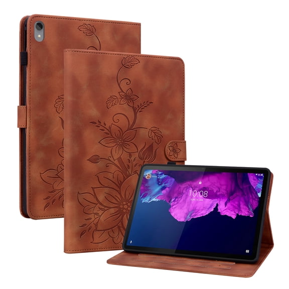 FJLBDE Case for Lenovo Tab P11 11.0 Inch TB-J606F, Embossed Flower PU Leather Flip Wallet Folio Stand Cases Cover, Brown
